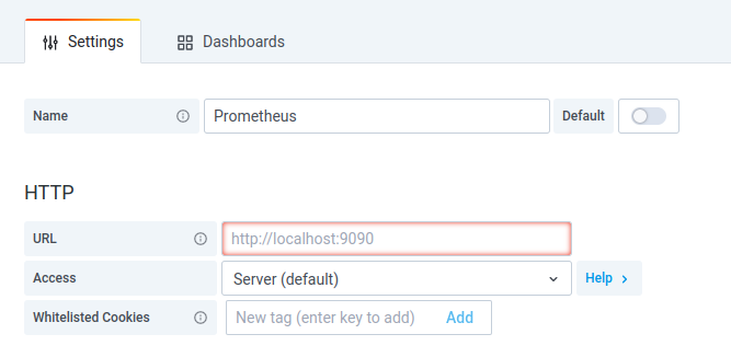 Formulario de Grafana para crear un origen de datos llamado Prometheus, con el campo URL y el acceso de tipo servidor